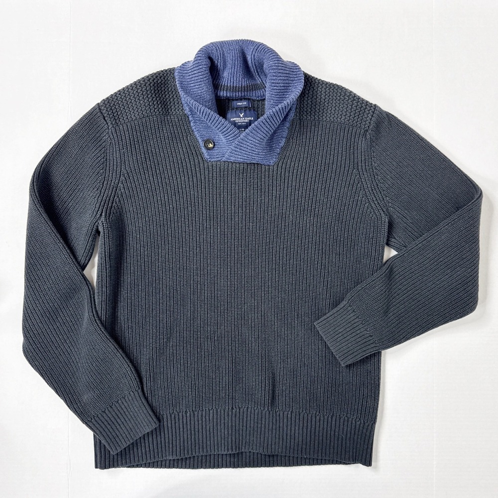 Vintage Y2K American Eagle Prep Fit Shawl Collar Sweater Men's Large Navy Cotton